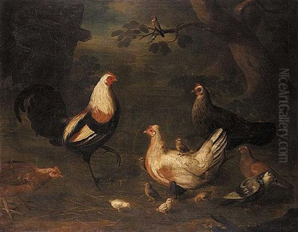 Duckwing Game Cock, Chickens, Pigeons And A Bullfinch In A Landscape - view 1