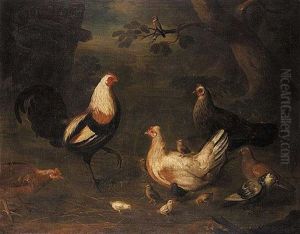 Duckwing Game Cock, Chickens, Pigeons And A Bullfinch In A Landscape by Louis (Lewis) Hubner