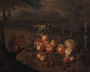 A Squirrel Eating Hazelnuts On A Tree Stump Beside Apples And Plums
