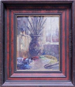 Atelierstillleben Mit Malpalette Und Blick Aus Fenster (wohl Im Atelier Des Kunstlers) by Ulrich Huebner
