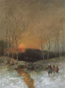 Winterlandschaft Mit Reisigsammlern Bei Sonnenuntergang Winterlandschaft Mit Reisigsammlern Bei Sonnenuntergang
