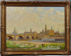Ansicht Von Dresden. Sommerliche Abendstimmung, Im Vordergrund Auf Den Elbwiesen Frauen Beim Waschebleichen by Karl Huebschmann