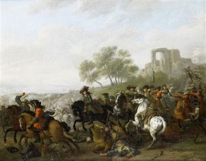 A Cavalry Skirmish In An Open Landscape, A Ruined Village On The Horizon by Jacob van Huchtenburg