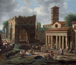 The Arch Of Janus, Rome, With The Church Of San Giorgio In Velabro by Jacob van Huchtenburg