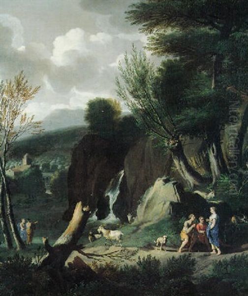 Shepherds By A Waterfall In An Italianate Landscape - view 1