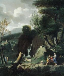 Shepherds By A Waterfall In An Italianate Landscape by Jacob van Huchtenburg