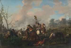 A Cavalry Battle, With A Town Beyond by or Huchtenburgh, Jan van Huchtenberg