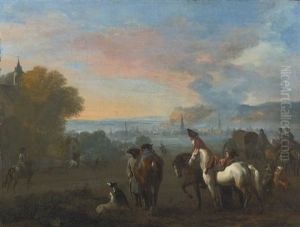 Landscape With Two Horsemen Duelling, Figures And A Town Beyond