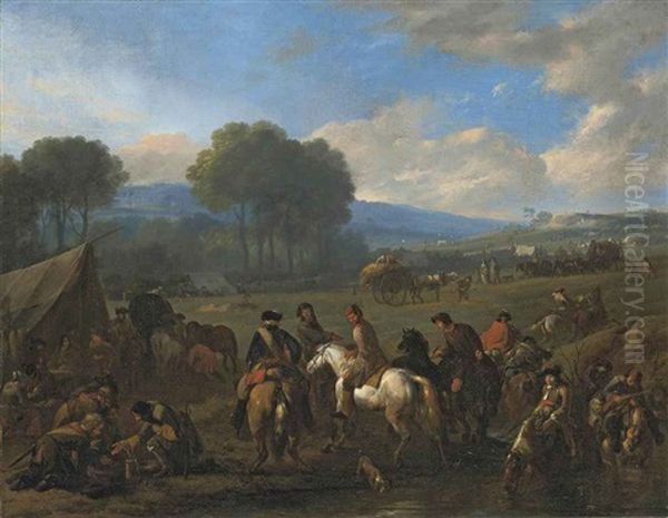 Soldiers And Horsemen Resting In A Military Encampment, In A Wooded Valley - view 1