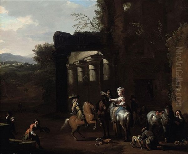 A Hunting Party At Rest Beside Classical Ruins - view 1