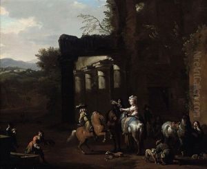 A Hunting Party At Rest Beside Classical Ruins by or Huchtenburgh, Jan van Huchtenberg