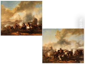 Schlachtenszene In Weiter Landschaft Vor Festungsanlage (+ Another, Similar; Pair)