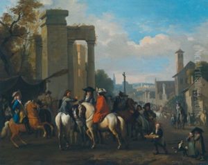 Rastende Reiter In Einer Italienischen Stadt by or Huchtenburgh, Jan van Huchtenberg