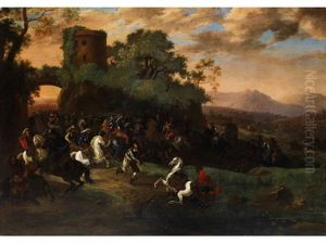 Reitergefecht In Landschaft Mit Vom Pferd Gesturztem Hauptmann by or Huchtenburgh, Jan van Huchtenberg