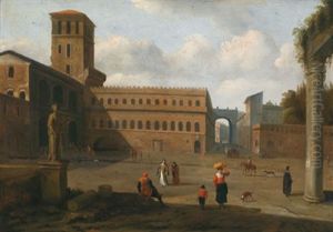Blick Auf Den Platz Einer Italienischen Stadt Mit Einem Renaissance Palazzo Und Figuren Blick Auf Den Platz Einer Italienischen Stadt Mit Einem Renaissance Palazzo Und Figuren