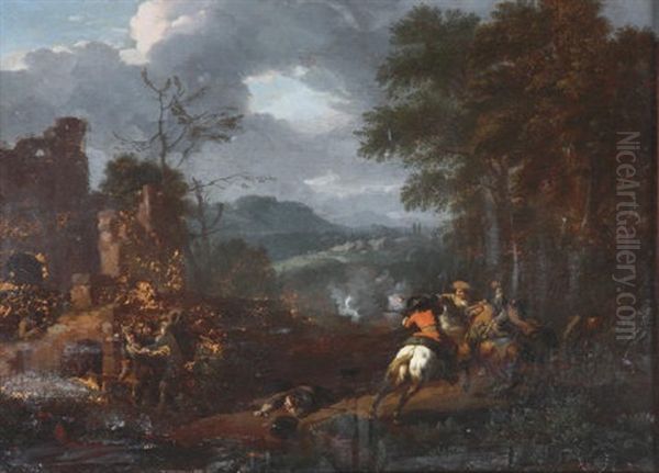 A Cavalry Skirmish In An Extensive Hilly Landscape - view 1
