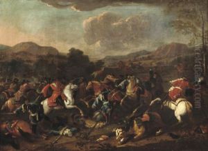 A Cavalry Skirmish In An Extensive River Landscape (prince Eugene De Savoy?) by or Huchtenburgh, Jan van Huchtenberg