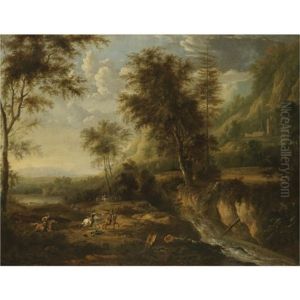 A Military Skirmish In An Expansive Wooded River Landscape by or Huchtenburgh, Jan van Huchtenberg