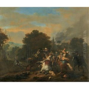 A Cavalry Skirmish Between Turks And Christians In A Wooded Landscape