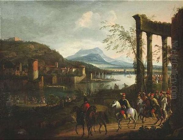 Berittene Husaren Vor Einer Mediterranen Hafenstadt - view 1