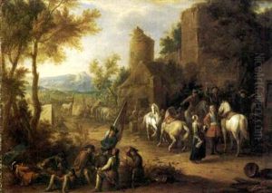 Sosta Di Cavalieri E Soldati Presso Un Casolare by or Huchtenburgh, Jan van Huchtenberg