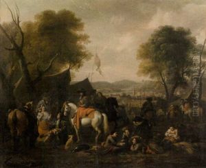 Soldiers And Horsemen Resting In A Military Encampment by or Huchtenburgh, Jan van Huchtenberg