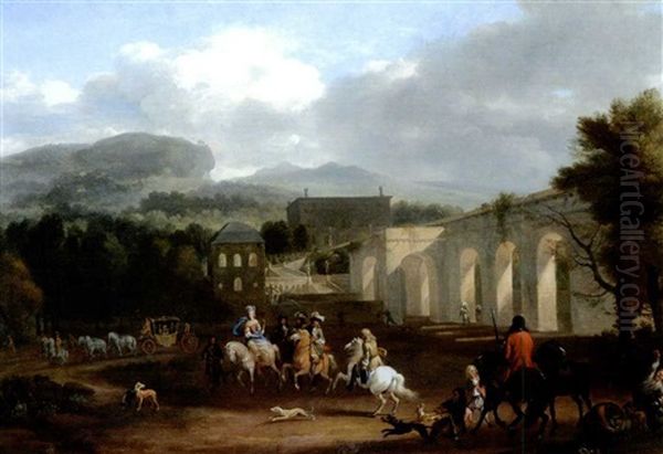 Vor Der Jagd - Vornehme Gesellschaft Mit Pferden Und Hunden, Im Hintergrund Eine Italienische Villa - view 1