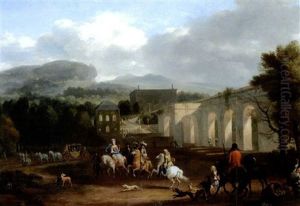 Vor Der Jagd - Vornehme Gesellschaft Mit Pferden Und Hunden, Im Hintergrund Eine Italienische Villa by or Huchtenburgh, Jan van Huchtenberg