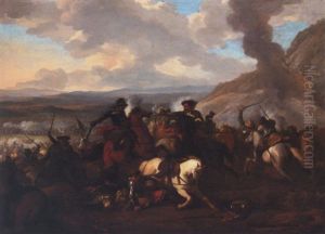 A Cavalry Engagement In A Landscape
