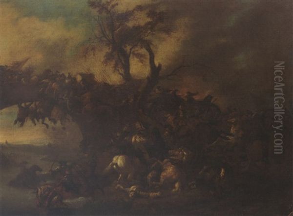 A Cavalry Battle Scene Near A Bridge - view 1