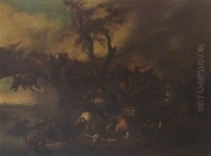 A Cavalry Battle Scene Near A Bridge