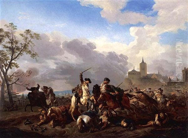 A Battle Scene With Cavalry Skirmishing Before A Walled Town - view 1