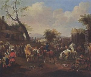 Horsemen Together With Other Horses And Soldiers In A Village, Children Playing In The Foreground by or Huchtenburgh, Jan van Huchtenberg