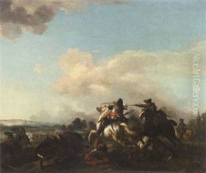 A Cavalry Battle On The Outskirts Of A Village by or Huchtenburgh, Jan van Huchtenberg