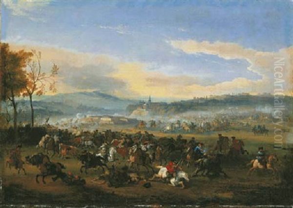 A Cavalry Battle With A Fortress Under Siege Beyond - view 1