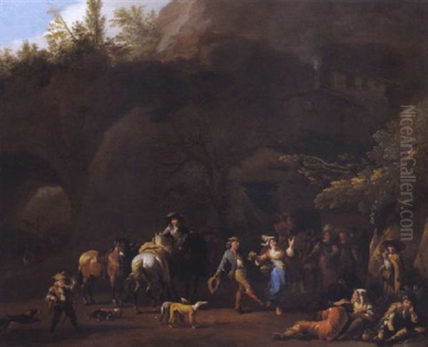 Frohliche, Musizierende Und Tanzende Gesellschaft In Einer Felsigen Waldlandschaft - view 1