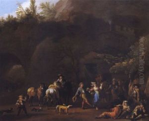 Frohliche, Musizierende Und Tanzende Gesellschaft In Einer Felsigen Waldlandschaft by or Huchtenburgh, Jan van Huchtenberg