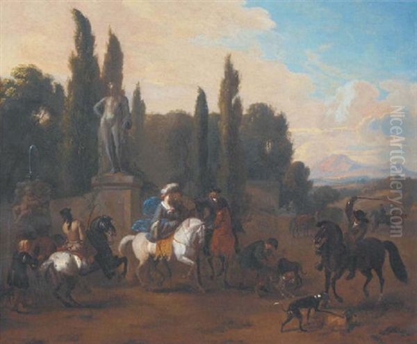 An Italianate Landscape With A Hunting Company At Rest By A Fountain - view 1