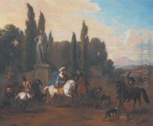 An Italianate Landscape With A Hunting Company At Rest By A Fountain by or Huchtenburgh, Jan van Huchtenberg