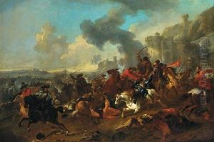 A Cavalry Engagement Before A Fortified Town by or Huchtenburgh, Jan van Huchtenberg