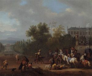 Elegant Travellers About To Set Out From A Mansion, A Riding School Nearby Elegant Travellers About To Set Out From A Mansion, A Riding School Nearby
