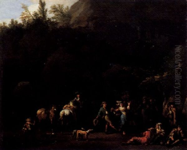 A Cavernous Landscape With Horsemen And Peasants Resting, A Boy Blowing A Horn And A Couple Dancing - view 1