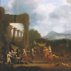 An Elegant Company Merrymaking By A Classical Ruin, With A Coach And Horses Beyond