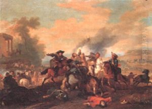 Cavalry Skirmish With A Fortified Town On A Plain by or Huchtenburgh, Jan van Huchtenberg