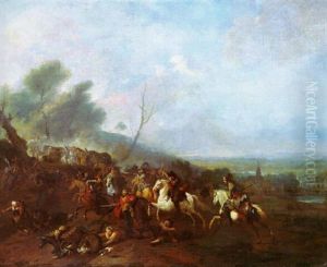 A Cavalry Skirmish On A Country Road, A Village In A Valley Beyond by or Huchtenburgh, Jan van Huchtenberg