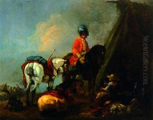 A Cavalry Officer Conversing With A Peasant Girl Outside A Tent