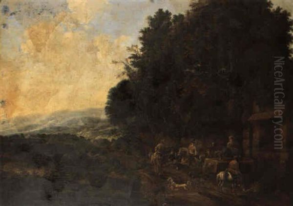 A Hawking Party At Rest By A Water Trough In A Wooded Landscape - view 1
