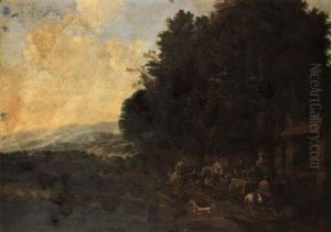 A Hawking Party At Rest By A Water Trough In A Wooded Landscape