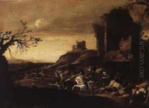 Cavalry Engagement Beside Ruins by or Huchtenburgh, Jan van Huchtenberg