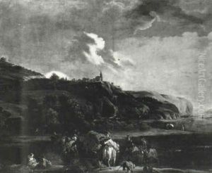 Landscape With Travellers And A Wagon by or Huchtenburgh, Jan van Huchtenberg